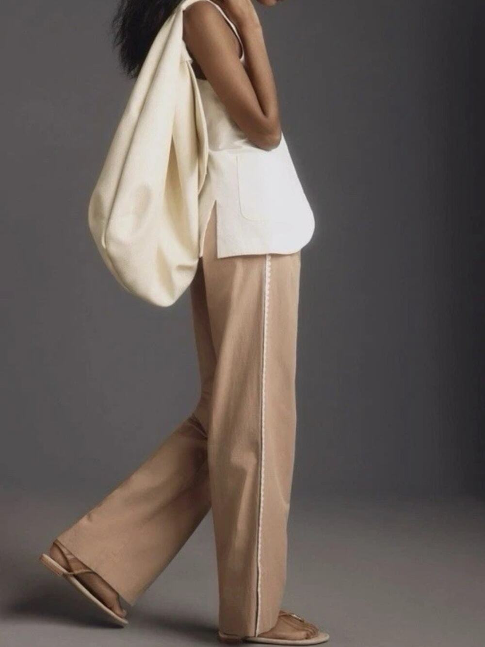 MON RENN Lisle Tan Wide Leg Pleated Pants Ric Rac Trim Anthropologie Size M